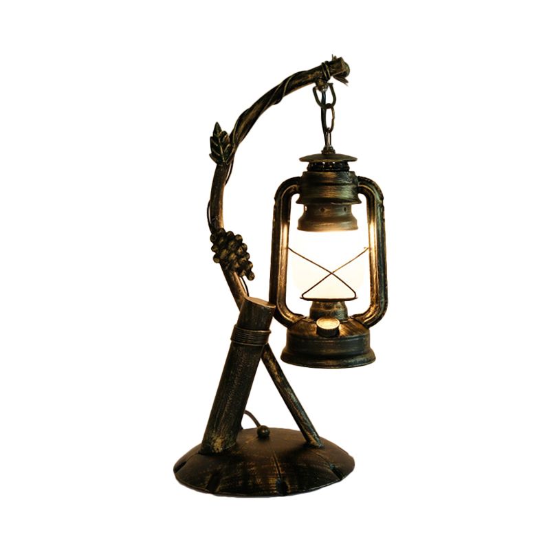 Opal Glass Lantern Table Lamp Vintage 1 Head Bedroom Desk Light in Brass with Metal Angled Arm