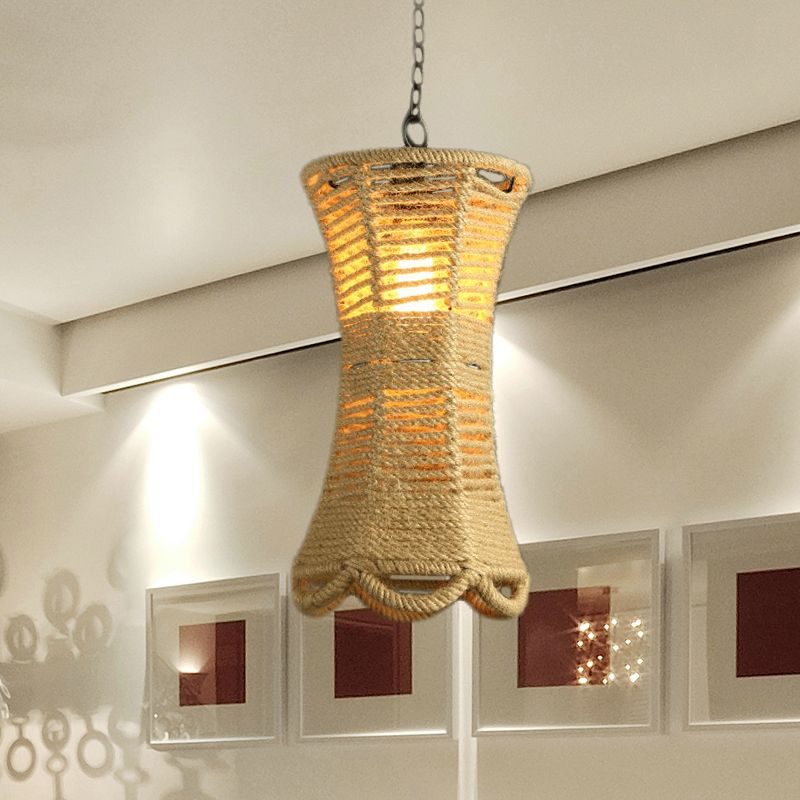 Beige Radian Pendant Lamp Vintage Rope 1 Head Restaurant Hand-Woven Hanging Light Fixture