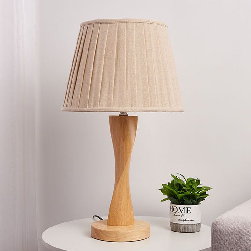 Wood Twisted Night Lamp Cottage 1 Light Living Room Table Lighting with Conic Fabric Shade in Beige/Grey/Flaxen