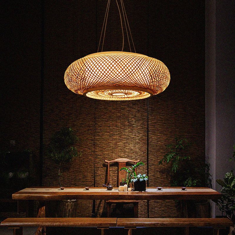 Bamboo Weaving Round Hanging Lamp Chinese Wooden Suspension Lighting Fixture for Bedroom