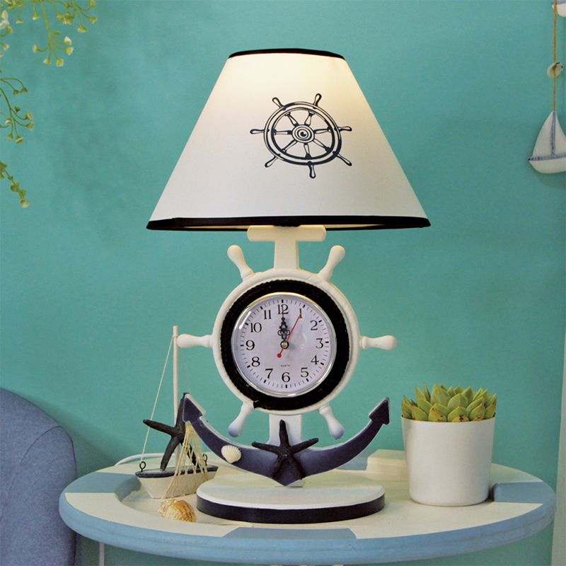 Rudder Base Table Lighting Children Style Resin Single Bulb Blue Shaded Night Stand Lamp with Clock Design