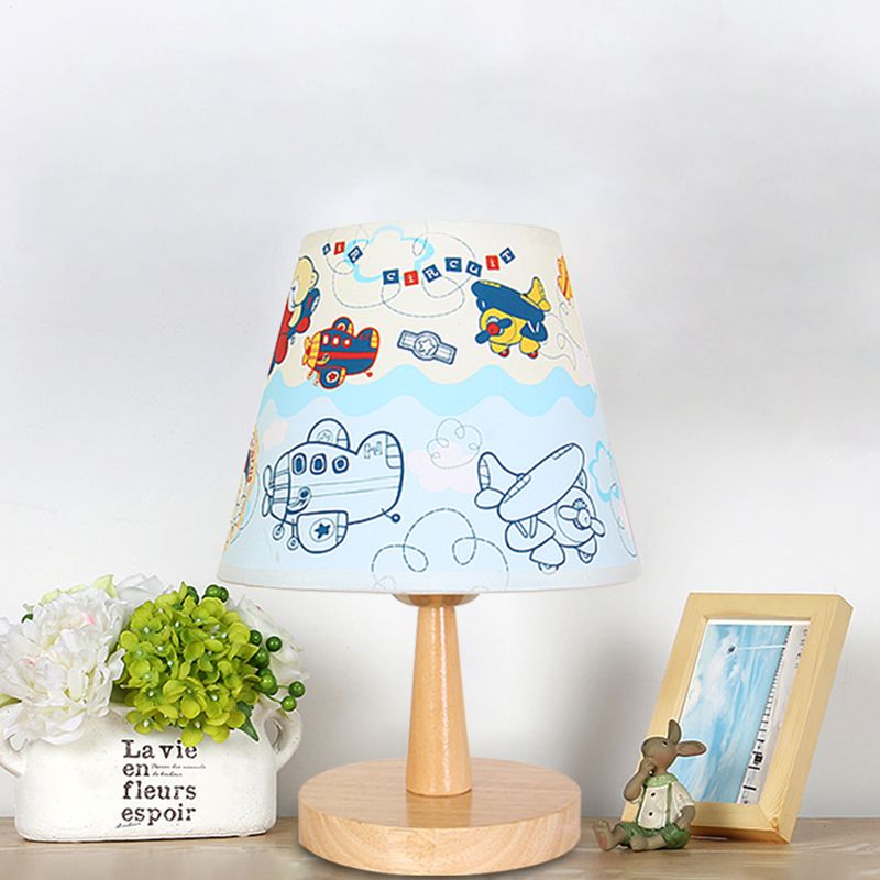 Fabric Conical Table Lamp Cartoon 1 Head Wood Nightstand Light with Airplane/Elephant/Bear Pattern for Bedroom