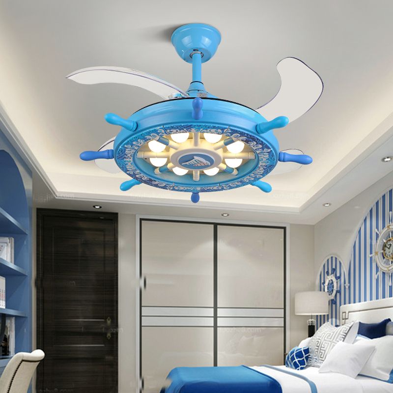 Creative Kids Rudder Hanging Fan Lightture Metal Boys Room LED LED Semi Flush Light en bleu, 4 lames