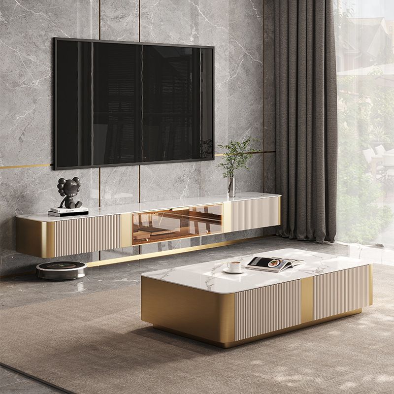 Wall-mounted Stone TV Stand 2 Drawers Glam Style TV Cabinet with Glass Door