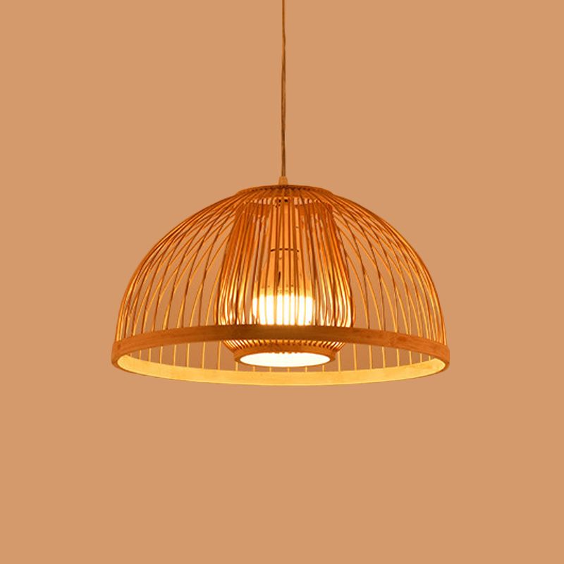 Asian Style Domed Hanging Light Bamboo Single Bulb Pendant Lamp over Dining Table, 16"/18" Diameter