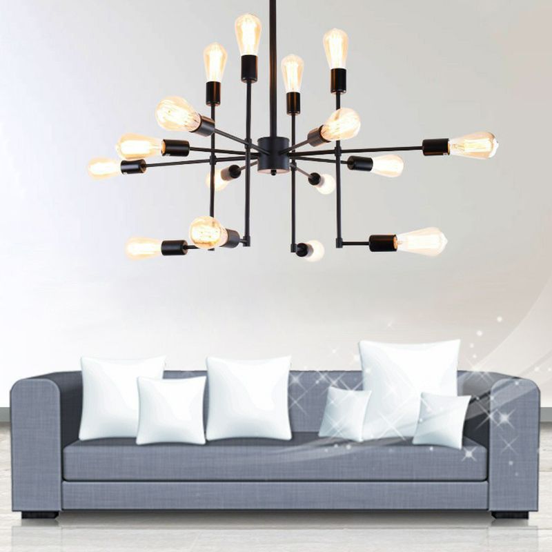 16 Bulbs 4-Sided Chandelier Industrial Style Black Metal Ceiling Hang Light for Living Room