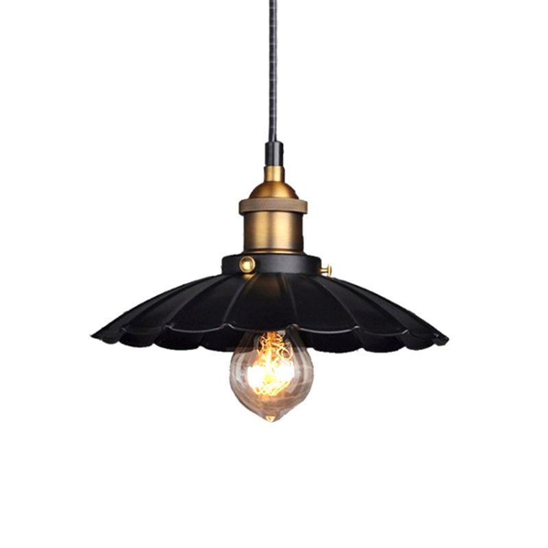 Scalloped Iron Ceiling Suspension Lamp Loft 1 Bulb Dining Room Pendulum Light in Black