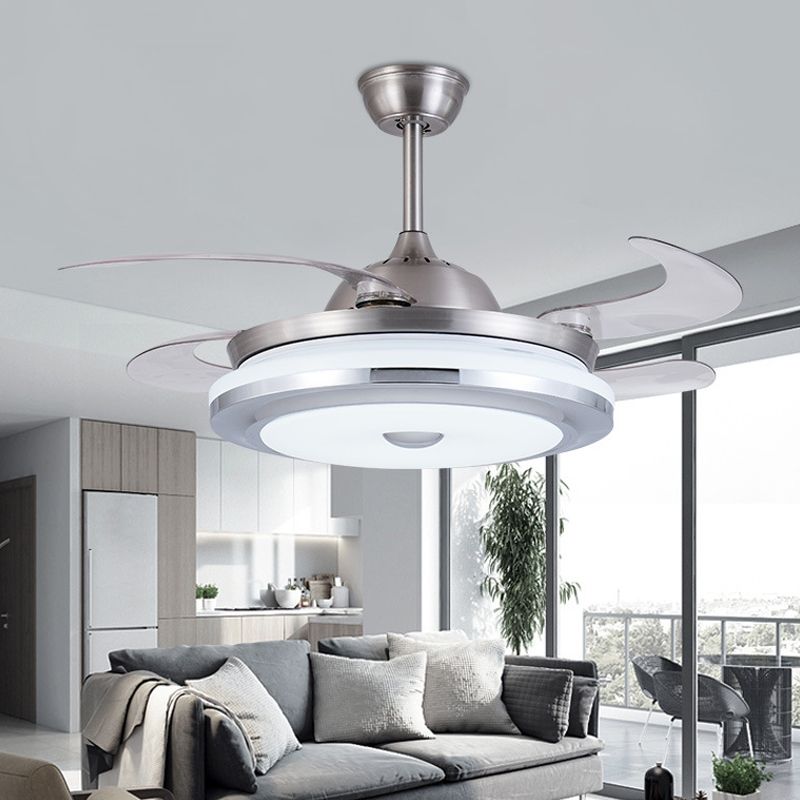 Circle Acrylic Ceiling Fan Light Modernist 36" W LED Living Room Semi Flush Mount in Silver with 4 Blades, Remote/Wall Control/Remote and Wall Control