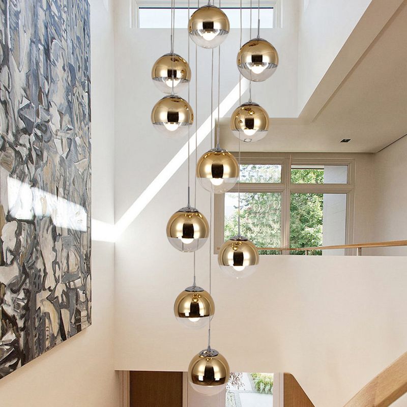 Globe Cluster Pendant Light Nordic Aluminum Stairs Suspension Lighting with Clear Glass Bottom in Gold