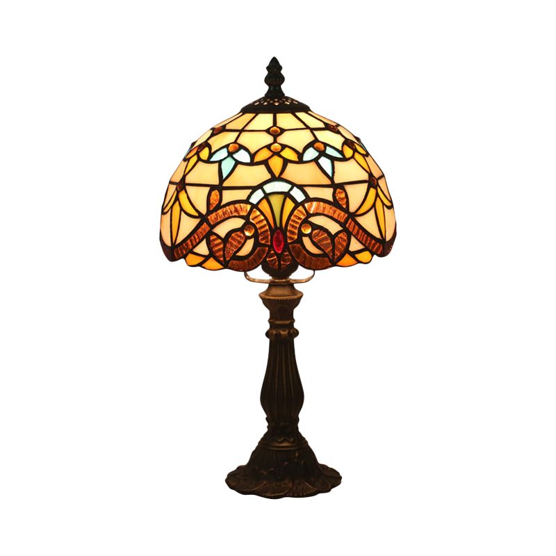 1 Bulb Table Lighting Tiffany Bowl Shaped Stained Art Glass Night Lamp in Yellow/Blue with Baluster