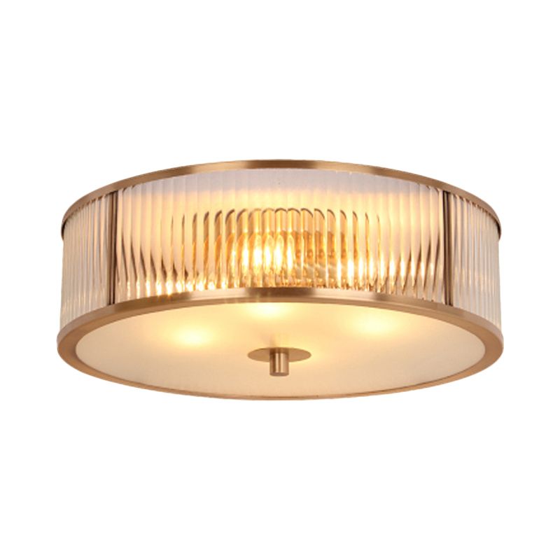 Fluted Drum Bedroom Flush Mount Antiqued Opaline Glass 3 Heads Brass Ceiling Light Fixture