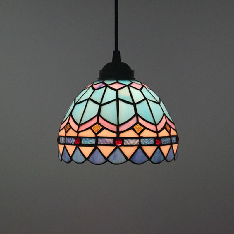 Pendulum Lattice Bowl Light Tiffany Tache-vitrail 1-Light Blue Suspension Lampe pour salle à manger
