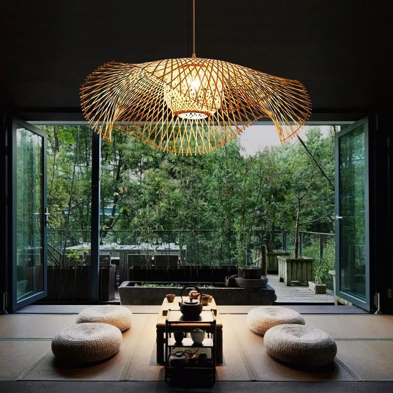 Beige Asia Pendulum Light Rattan 1-licht hangende plafondlicht voor eetkamer