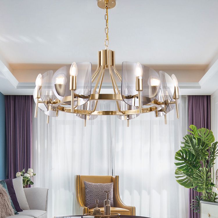 Modern Wagon Wheel Candle Chandelier Light Fixture Clear Glass Shaded Ceiling Chandelier in Gold for Bedroom