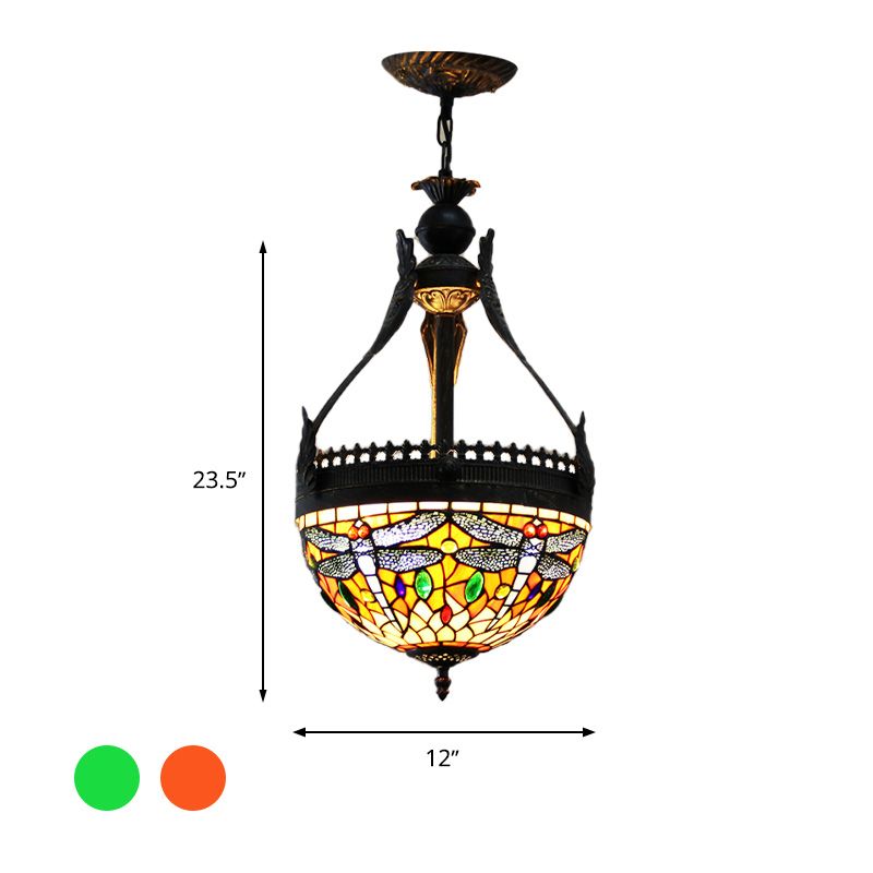 Stained Glass Dragonfly Chandelier Lamp Mediterranean 3 Lights Orange/Green Hanging Pendant