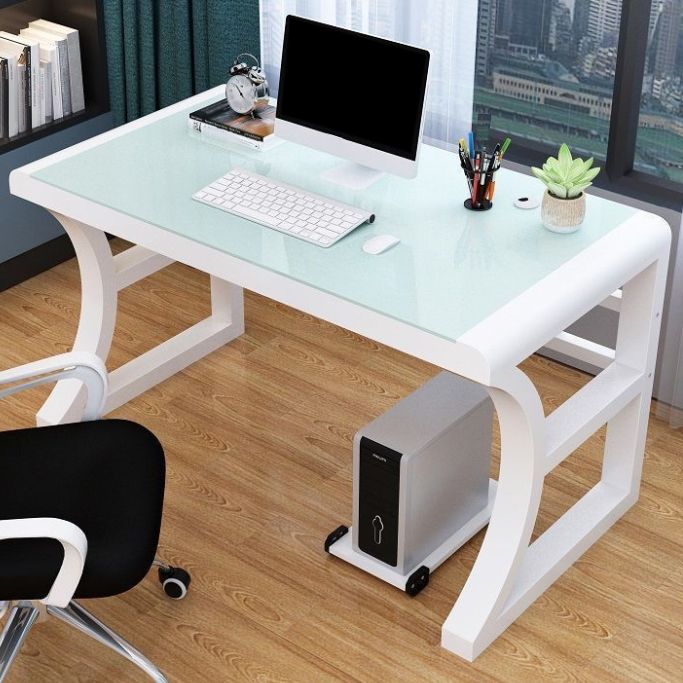 Contemporary Glass Top Office Desk Rectangular Writing Desk with Metal Legs