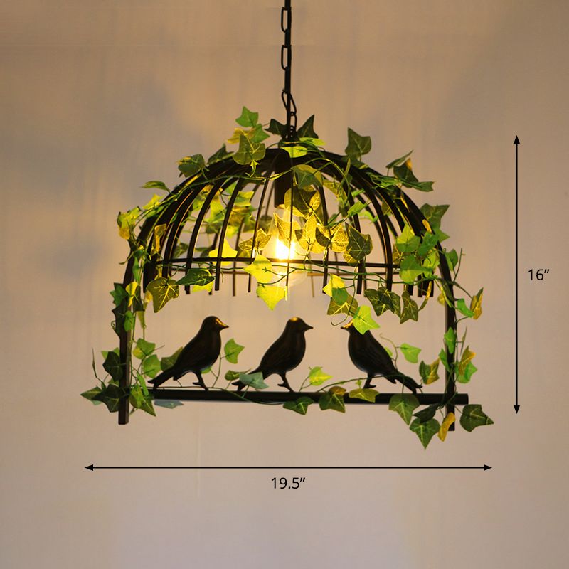 Iron Birdcage Suspension Light Antique Restaurant Island Island Chandelier Light avec Ivy artificiel en vert