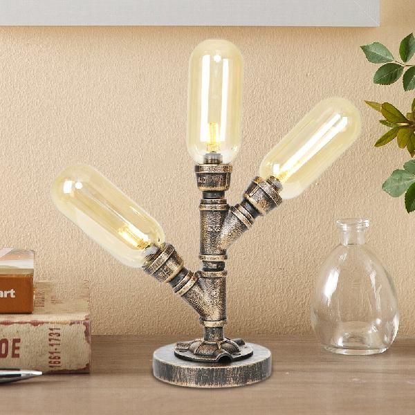 Aged Bronze 3 Bulbs LED Table Lamp Industrial Amber/Clear Glass Capsule Nightstand Light for Teahouse