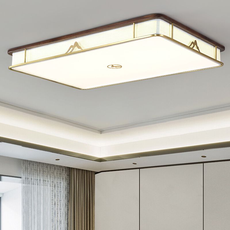 Modern Wood Flush Mount Geometric Shape Ceiling Light with Fabric Shade for Living Room