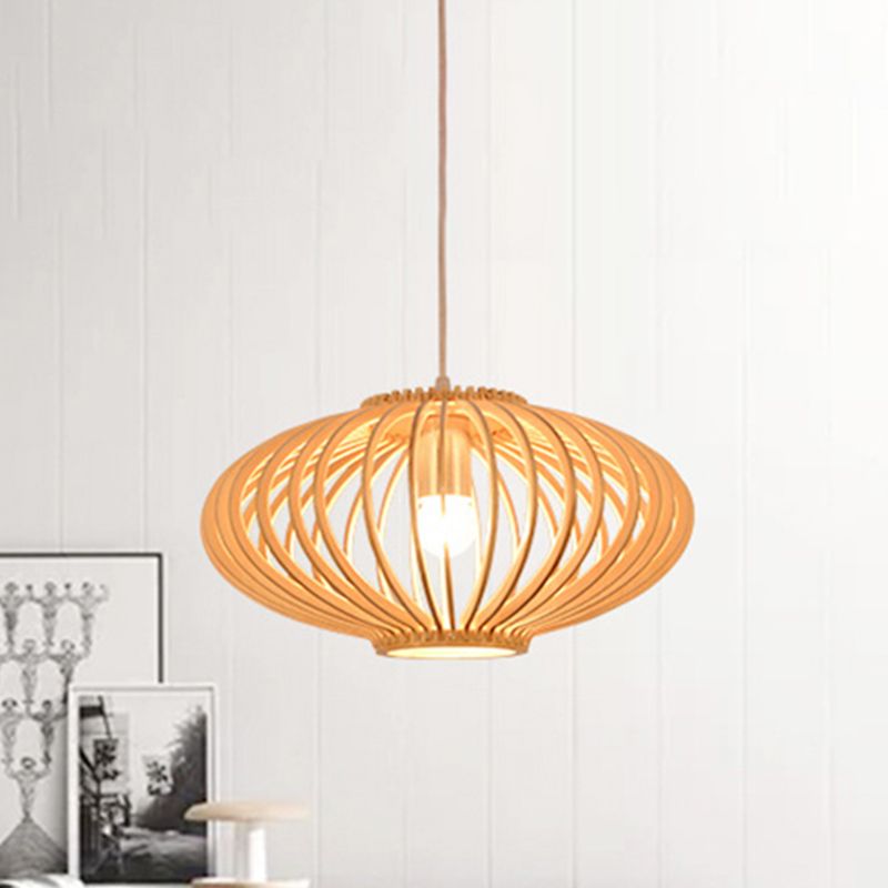 Contemporary Style Lantern Design Hanging Light Wooden 1 Light Living Room Pendant Lamp in Beige