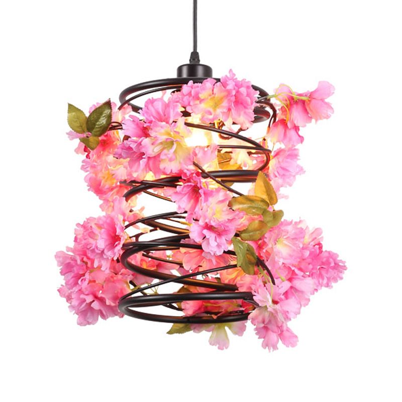 Antique Spiral Pendant Ceiling Light 1 Bulb Metal LED Flower Suspension Lamp in Black