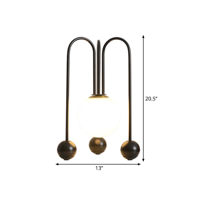 Metal U-Shaped Table Lamp Contemporary 1 Bulb Black/Gold Night Light in Warm/White Light with Ball Opal Glass Shade