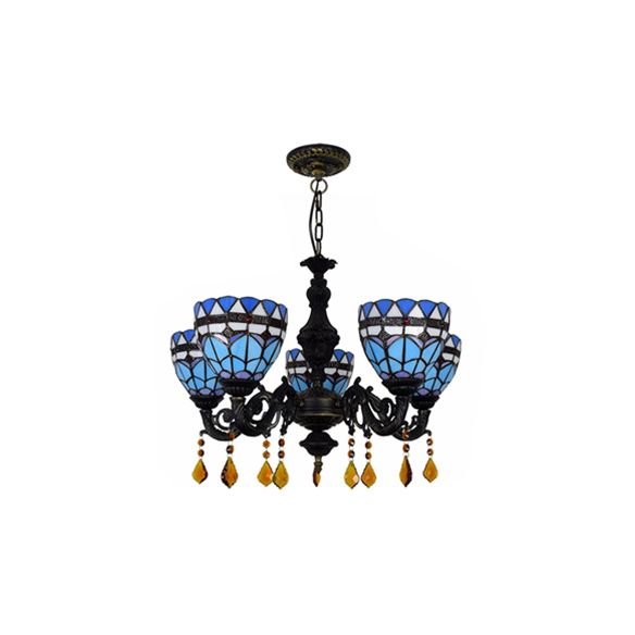 Domed Chandelier Light Retro Style Stained Glass 5 Lights Tulip Hanging Light with Crystal in Blue