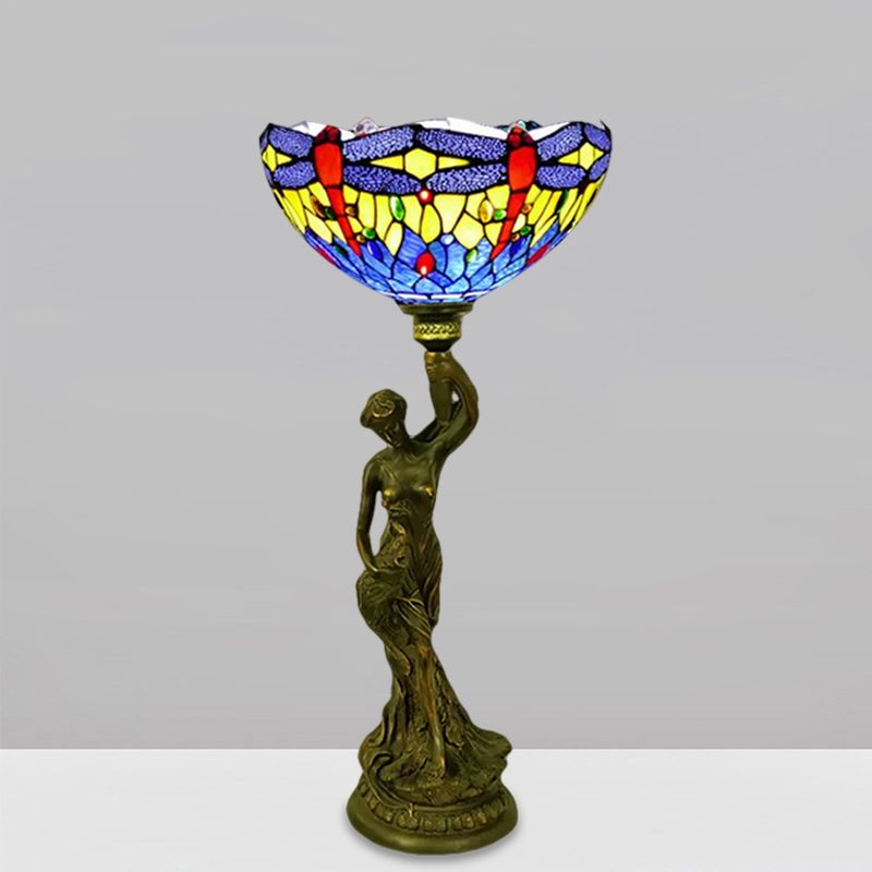 Table de bol Éclairage 1 tête en vitrail Petal baroque / libellule lampe de nuit à motifs en laiton avec résine Naked Woman Base