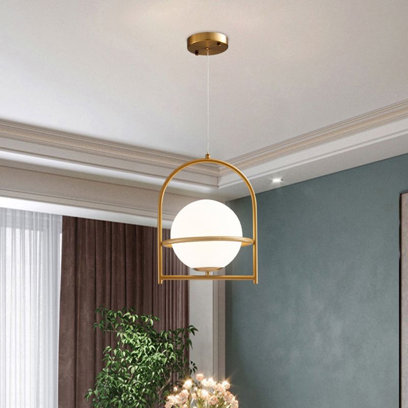 Modern Ball Suspension Light with Birdcage Design Opal Glass 1 Bulb 9"/11" Wide Bedside Ceiling Hang Fixture in Black/Gold