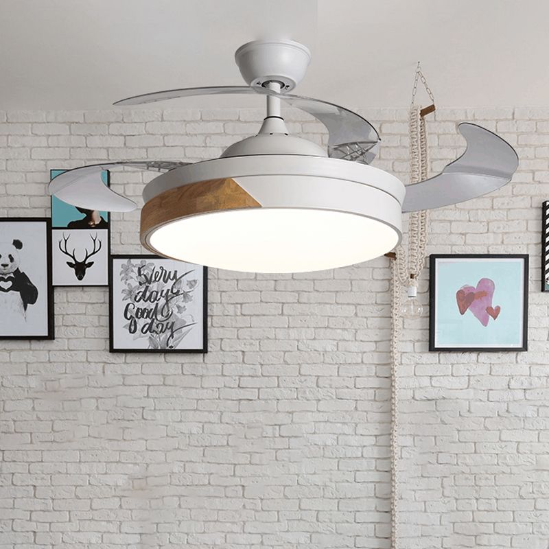 Simplicity Round Fan Lamp LED Metal Semi Flush Ceiling Light in White with 3 Clear Blades, 36"/42" Wide