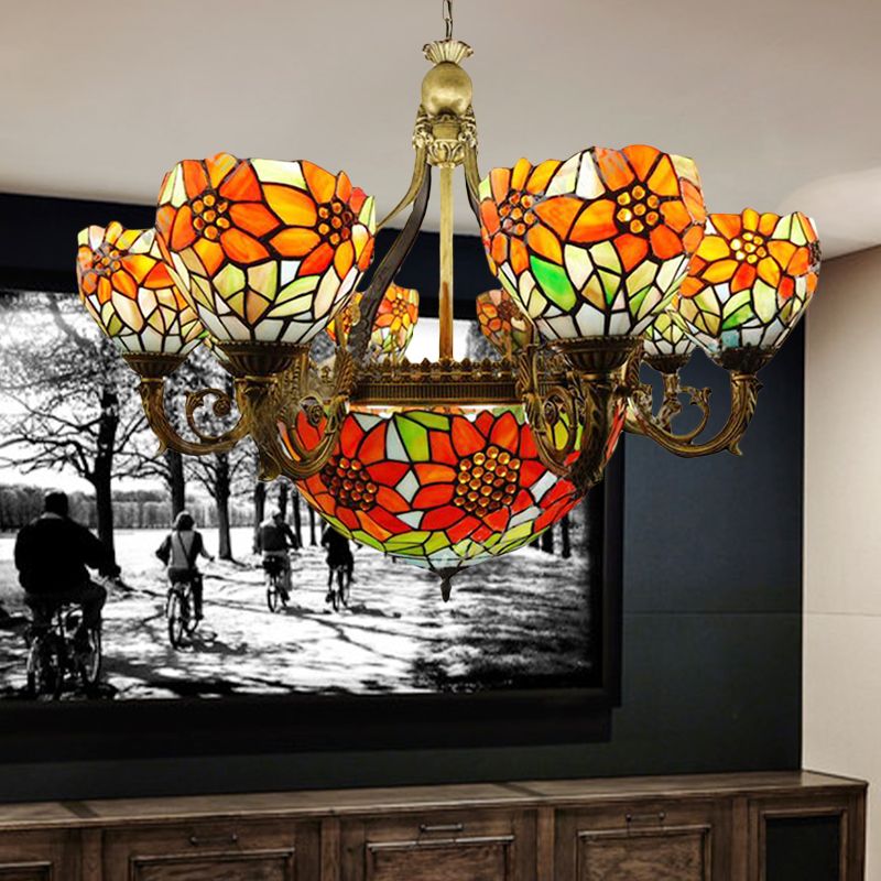 Stained Glass Sunflower Chandelier Multi-Head Rustic Tiffany Hanging Light in Orange for Dining Room