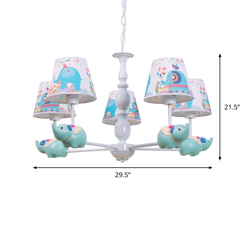 Resin Elephant Hanging Chandelier Cartoon 5/6 Heads Light Blue Ceiling Pendant Light with Barrel Patterned Fabric Shade