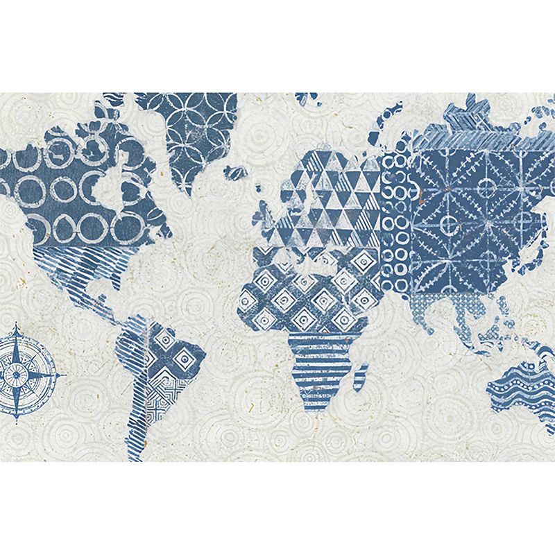 Minimalist Wall Mural with Map of the World Design for Coffee Shop, Large Wall Art in Soft Blue