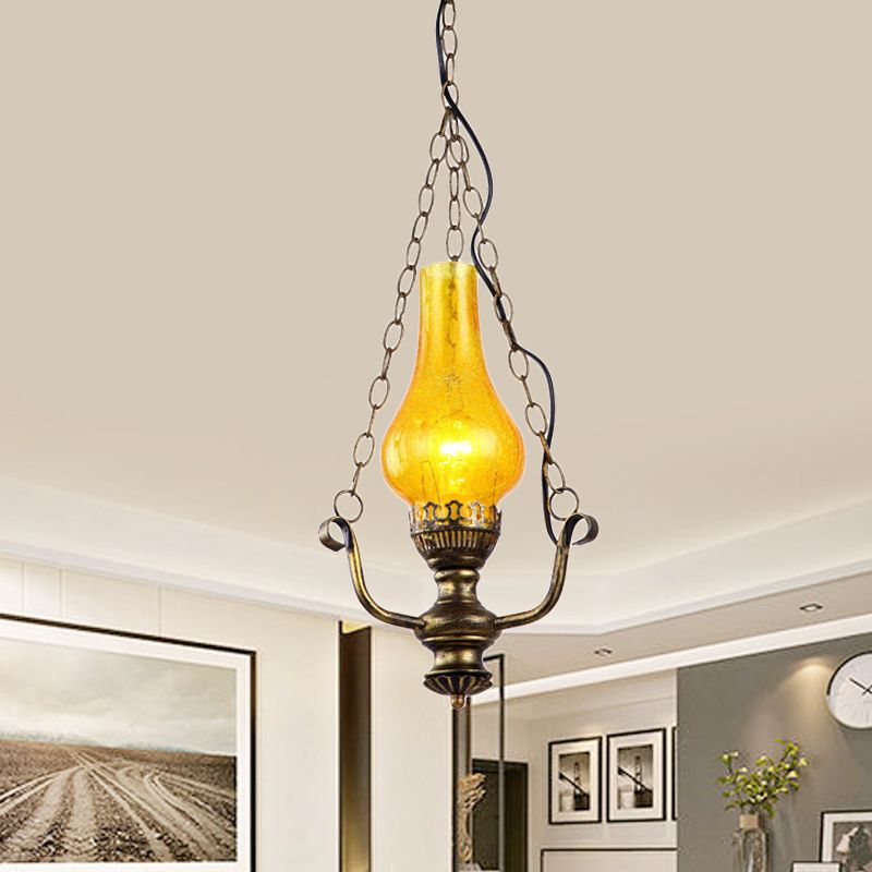 1 Light Vase Shade Pendant Lamp Coastal Brass Finish Yellow Crackle Glass Ceiling Hang Fixture