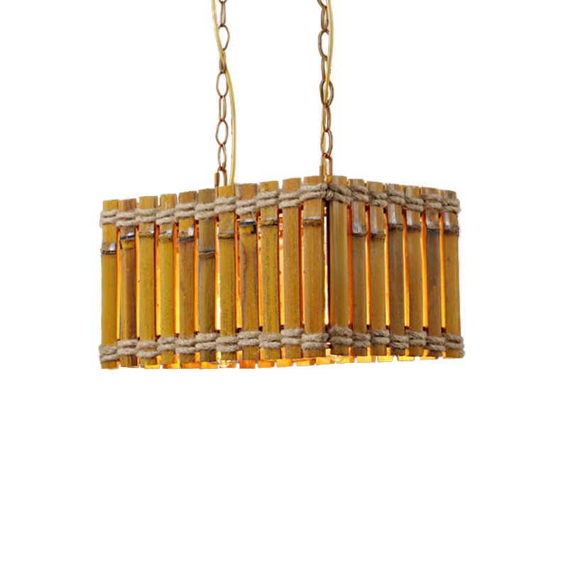 Bamboo Yellow Chandelier Lighting Rectangle 2 Bulbs Industrial Style Ceiling Hang Fixture with Rope