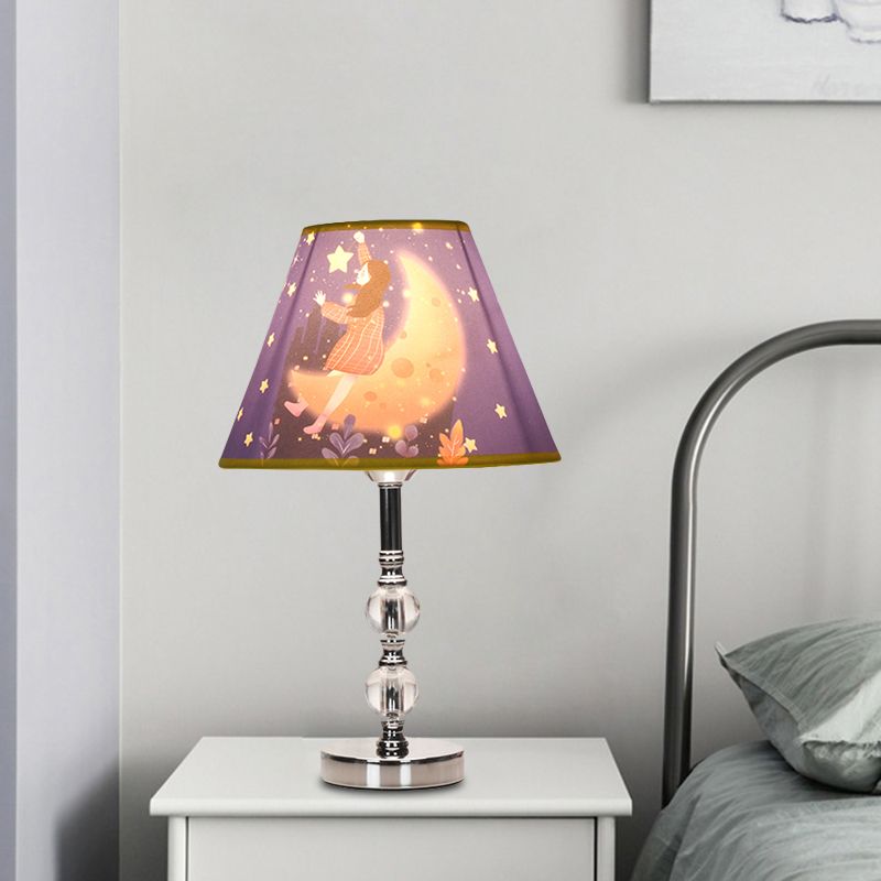 Blue Barrel Shade Table Light Cartoon 1 Bulb Fabric Desk Lamp with Girl and Starry Sky Pattern