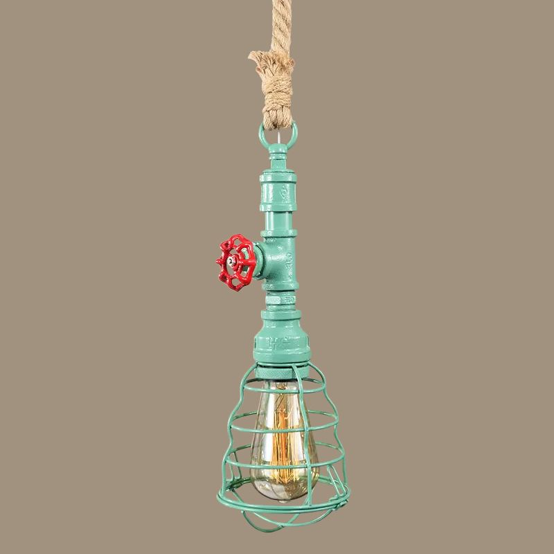 Steampunk Caged Down Lighting Pendant 1 Head Iron Hanging Ceiling Light with Rope Cord and Water Pipe Design in Blue/Rust/Bronze