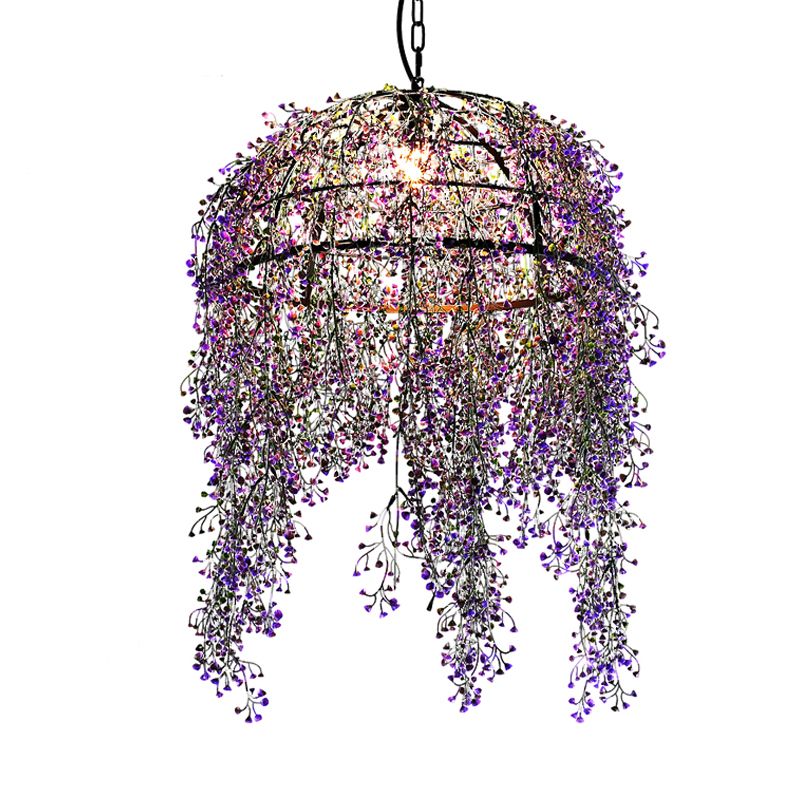 Purple Bowl Ceiling Suspension Lamp Industrial Metal 1 Bulb Restaurant LED Pendant Light with Flower Decor