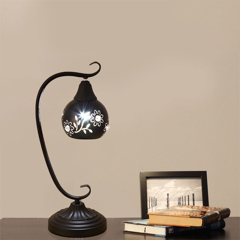 Metal Orb Night Light Minimalism LED Black Night Table Lamp with Hollow-Out Flower Design