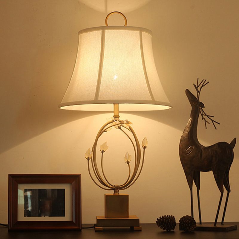 Paneled Bell Bedroom Table Light Fabric 1 Bulb Modern Night Lamp in White with Crystal Decoration