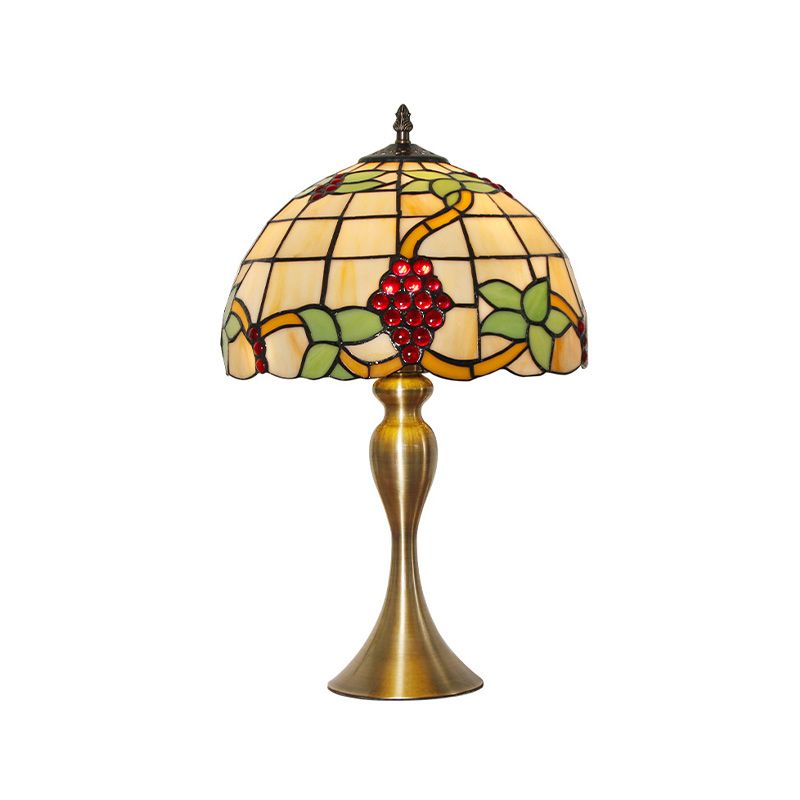 Gold Dome Shape Night Table Lamp Victorian 1 Light Stained Art Glass Grape Patterned Desk Lighting