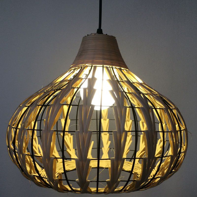 1 Light Teardrop Pendant Lamp Rustic Ribbed  Rattan Hanging Lamp for Dining Room Table