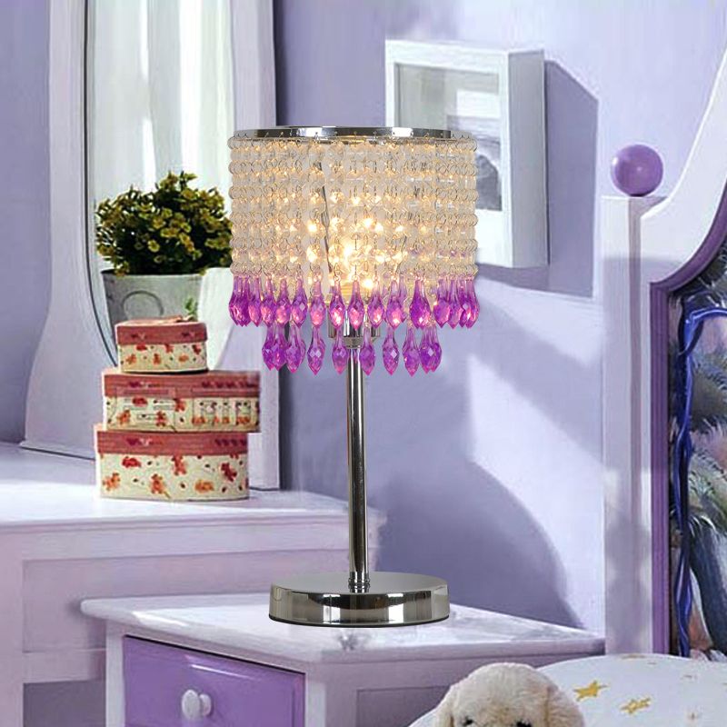 Crystal Beaded Red/Pink/Purple Table Lamp 2 Tiers Tassel Single-Bulb Modernist Nightstand Light for Bedside