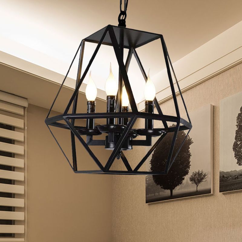 Black 4 Heads Plafond Lightture Retro Industrial Metal Metal Geometric Cage Cage Chandelier avec chaîne réglable