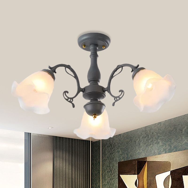 3/5 Bulbs Ruffled Adjustable Semi Flush American Flower Grey/Blue/Green Matte Glass Ceiling Mount Chandelier