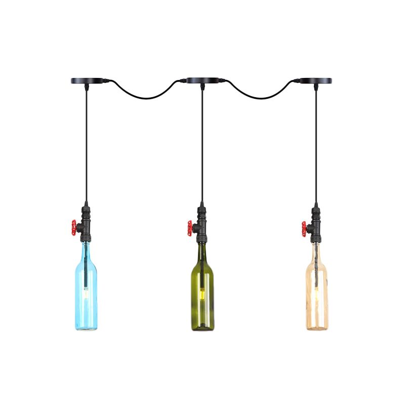 Black Finish 3/5/7 Bulbs Multi Ceiling Light Industrial Colored Glass Bottle LED Tandem Pendulum Lamp