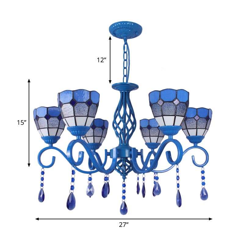 6/8 Lights Blue Pendant Lighting Nautical Tiffany Stained Glass Indoor Chandelier Light with 12" Chain