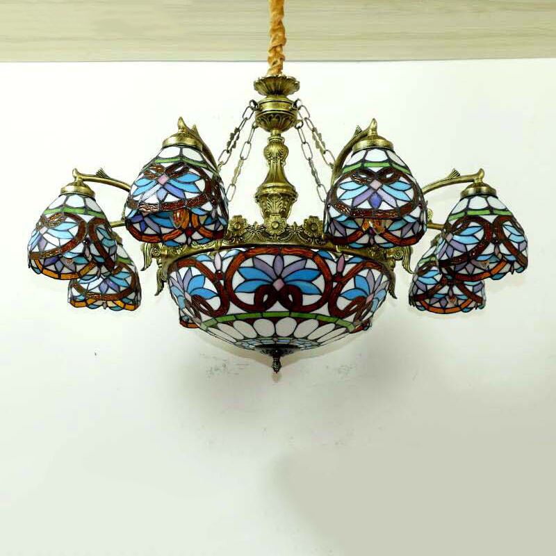 Bowl Chandelier Lighting Fixture Tiffany-Style Stained Art Glass Hanging Chandelier