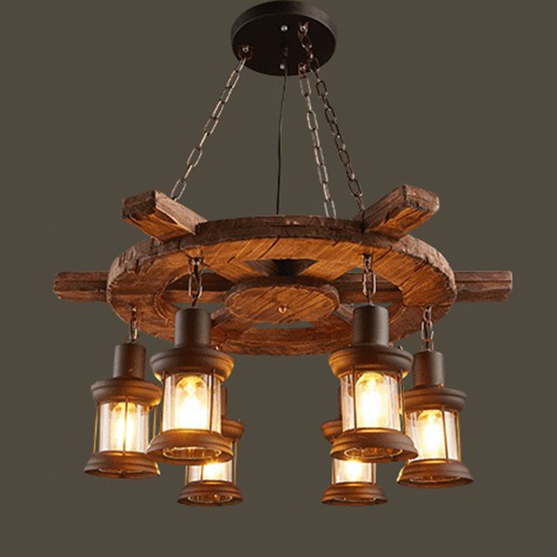 Retro Industrial Style Cylinder Chandelier Wood Pendant Ceiling Lights for Restaurant