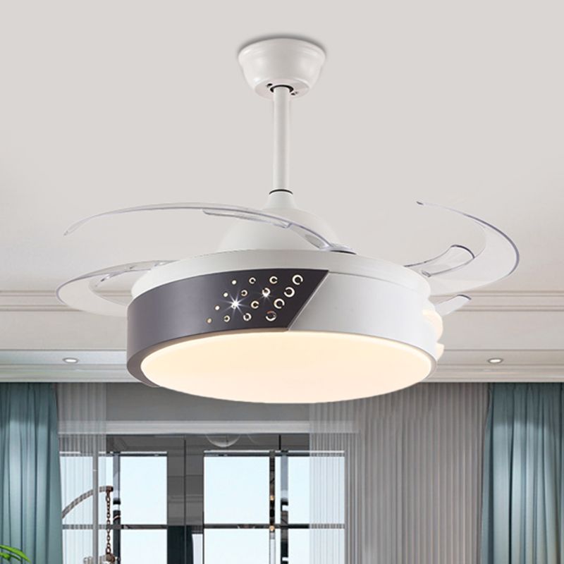 Acrylic Ring Pendant Fan Light Minimalism LED Bedroom Semi Flush Mount Lighting in Black and White with 4 Blades, 42" Width